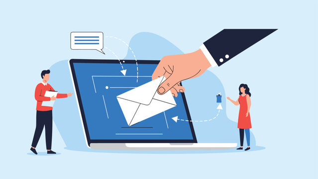 Concept of digital communication showing a large hand delivering an email envelope from a laptop screen to people in a modern workspace.