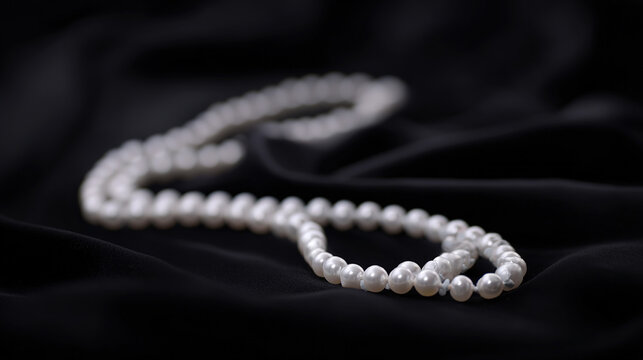 luster. A single strand of pearls arranged in curves on black velvet with soft lighting. lifestyle magazines, social media lookbooks, designed for lifestyle magazines and social media content.
