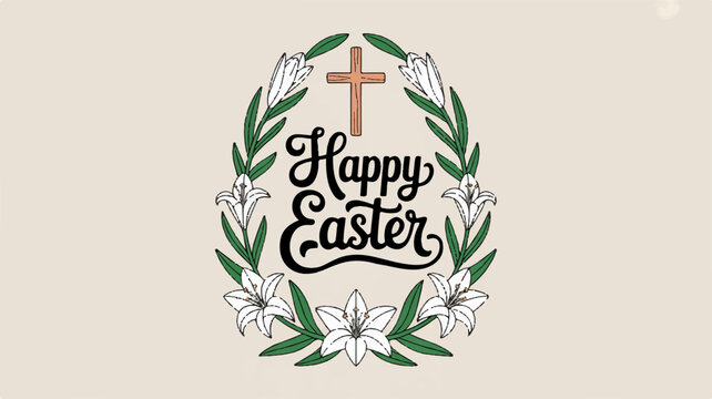 Easter celebration with happy easter text and cross in floral wreath on beige background