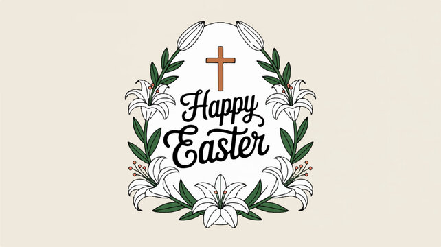 Easter celebration graphic with cross flowers and happy easter text on beige background easter decoration holiday symbol