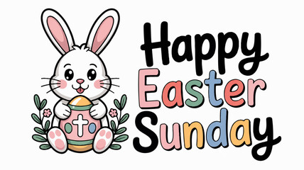 Fototapeta premium Cartoon bunny holds easter egg with cross surrounded by flowers happy easter sunday greeting