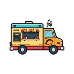 Colorful food truck with menu board and steam coming out