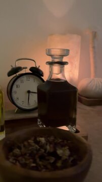 Arabian luxury chic. Expensive glass bottles with essential oils and wooden bowls in an elite spa. Warm glow from a salt lamp. High-end rich lifestyle wellness and hammam ritual concept.
