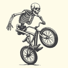 Dynamic vector graphic illustration depicting a cool skeleton rider performing an exciting bicycle stunt on a bmx bike, showcasing extreme sports fun. © bbilfunk