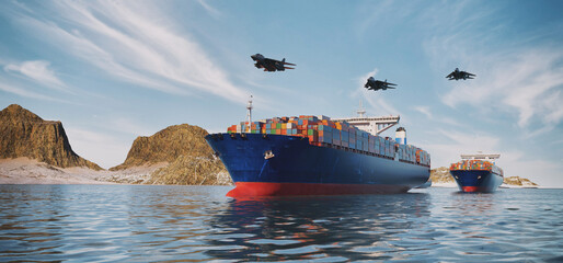 fighter jets flying over container ships in Hormuz Strait 3D render illustration