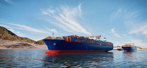 Maritime trade vessels in Hormuz Strait during regional tension 3D render illustration