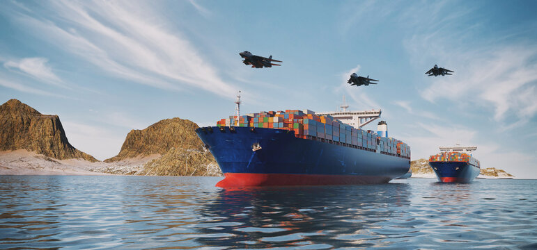fighter jets flying over container ships in Hormuz Strait 3D render illustration