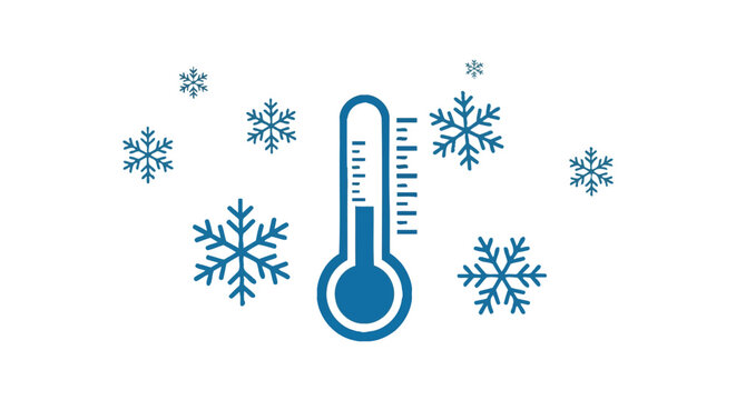 Blue vector graphic illustration of a thermometer showing low temperature with falling snowflakes design