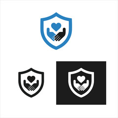 Fototapeta premium Shield logo with heart and hands, protection symbol, care icon, safety sign, charity concept