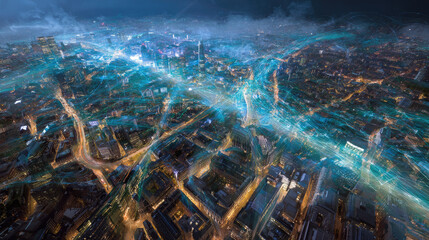 Aerial view of a vibrant city at night, illuminated streets and dynamic light trails creating energy
