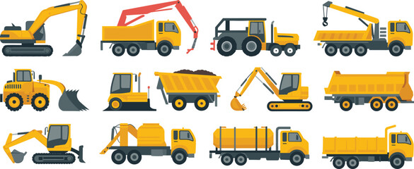 Construction machinery vehicles collection with excavator, dump truck, crane truck, loader, bulldozer flat vector illustration for industrial building equipment set © SreeRupali