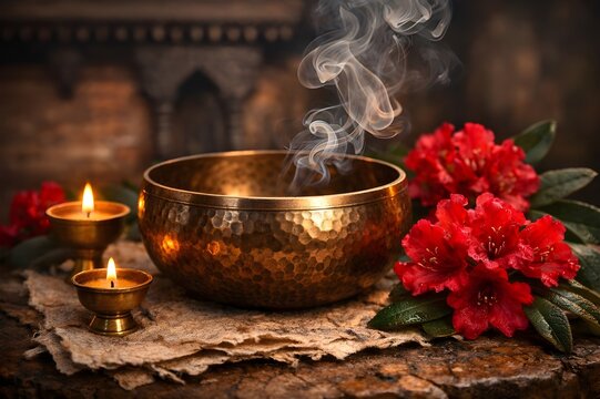 Nepalese Singing Bowl and Rhododendrons on Lokta Paper