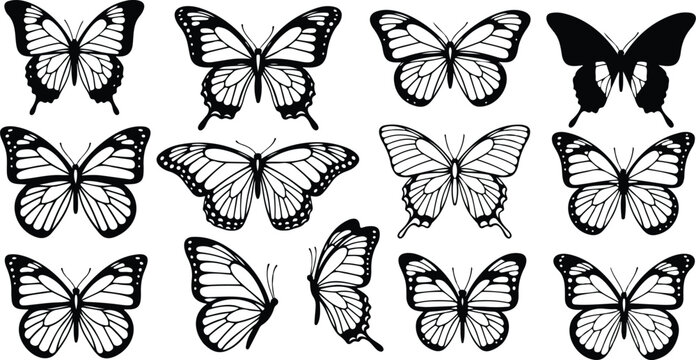 Butterflies vector illustration with vintage stipple effect, y2k collage design set or collection. Monochrome moth photocopy retro design elements for grunge gothic surreal poster or placard