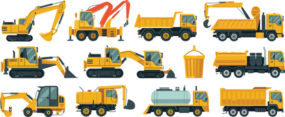Heavy construction machinery vehicles set with excavator, dump truck, crane, loader, bulldozer flat vector illustration for industrial building equipment collection © SreeRupali