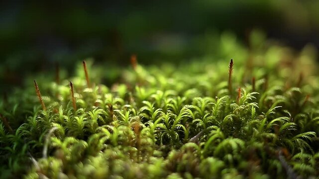 Close-up macro view of vibrant green moss with delicate sporophytes