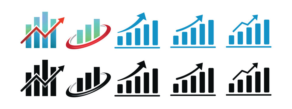 Business Growth Icon Set with Arrow Up, Increasing Graph and Financial Chart Symbols. Business growing graph icon set profit increase decrease arrow. 