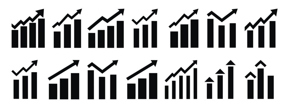 Business Growth Icon Set with Arrow Up, Increasing Graph and Financial Chart Symbols. Business growing graph icon set profit increase decrease arrow. 