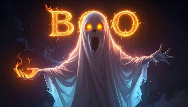 Spooky ghost in a white sheet floating, with burning 'BOO' text. Glowing eyes and hands. Eerie