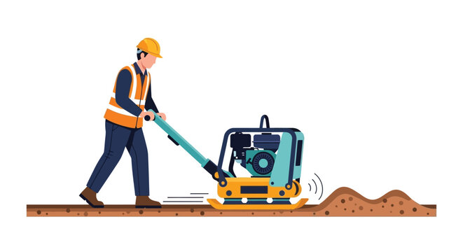 Construction worker operating soil compactor machine vector