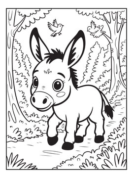 Cute animals with a forest background for kids, teens, and adults. Black and white coloring activity book.