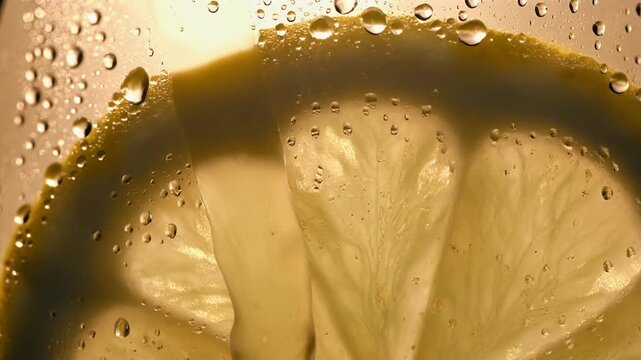 Close up of lemon slice with water droplets