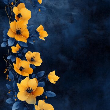 Digital floral compositionin deep blue and golden yelow tones. Decorative flowr border with high contras and modern stylization. Ieal for banners or backgronds.