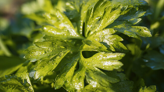 lovage. Fresh green lovage leaves glistening with morning dew. gardening catalogs, home-decor guides, designed for home decor and floral branding, used by recruiters.
