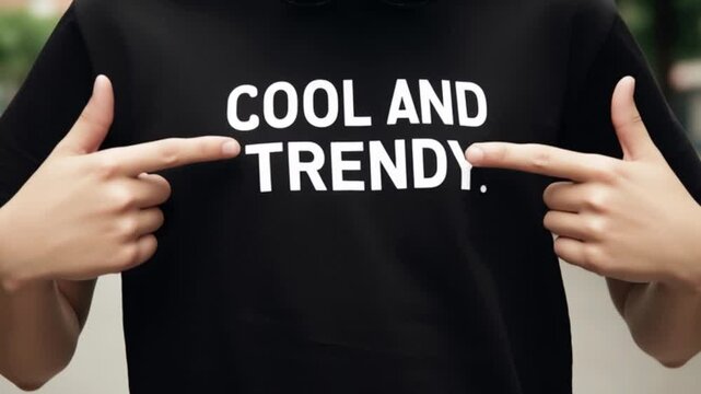 Cool and trendy slogan printed on black t shirt pointing gesture fashion concept, person pointing fingers at stylish typography message on casual clothing apparel, modern streetwear branding statement