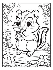 Cute animals with a forest background for kids, teens, and adults. Black and white coloring activity book.