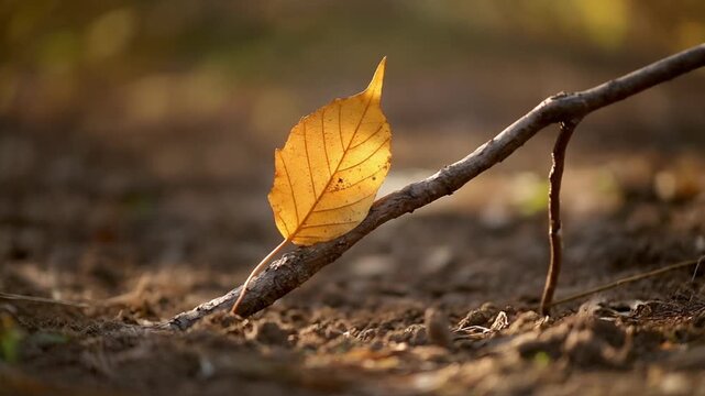 Single yellow leaf rests on a thin tree branch on the ground