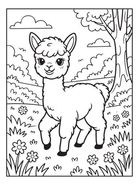 Cute animals with a forest background for kids, teens, and adults. Black and white coloring activity book.