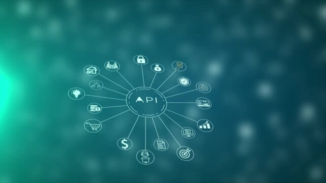 Abstract digital diagram illustrating Application Programming Interface API with connected for security finance data analysis and system integration on a blurred teal green background Keywords: A