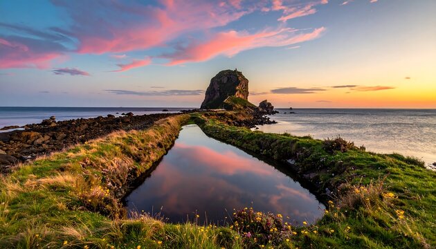 Seascape with a rocky islet reflected in a tranquil pool, under a vibrant pink and golden sunset
