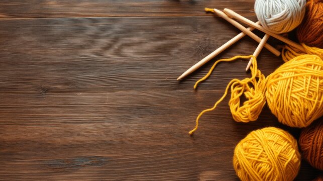Handmade Yarn Tools Arranged on Dark Stained Wood