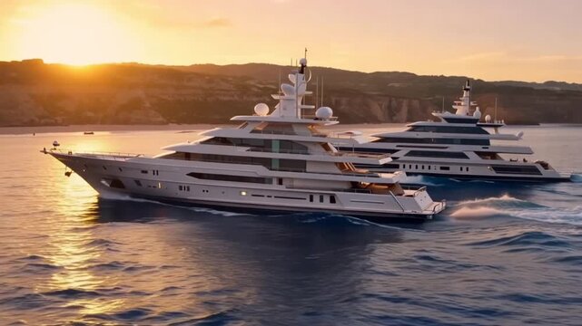 A serene ocean scene with two luxurious yachts sailing on calm waters during sunset
