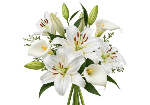 Elegant white lily and calla lily bouquet isolated on transparent background