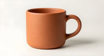 A terracotta mug sits on a white surface with a plain white background