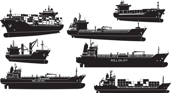 Cargo Ship Silhouette Collection, Marine Transport Vector Pac