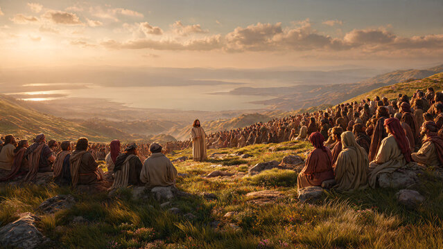 Jesus preaching to a crowd on a hillside overlooking a lake. Inspirational religious content for various uses. Suitable for religious websites.