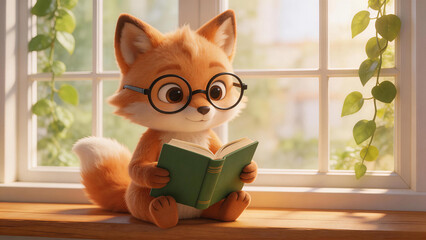 Obraz premium Adorable cartoon fox with glasses reads a book by a sunlit window, surrounded by green vines. Whimsical, educational scene with cozy, natural light.