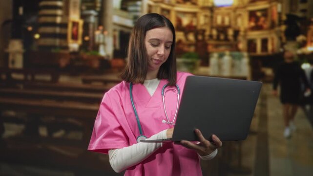 Young woman nurse in pink scrubs holds laptop with one hand and covers mouth with other hand while standing inside building; surprise compassion.