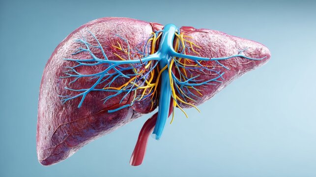 3D rendered liver anatomy structure including vascular system and biliary tract, medical illustration, organ-level precision