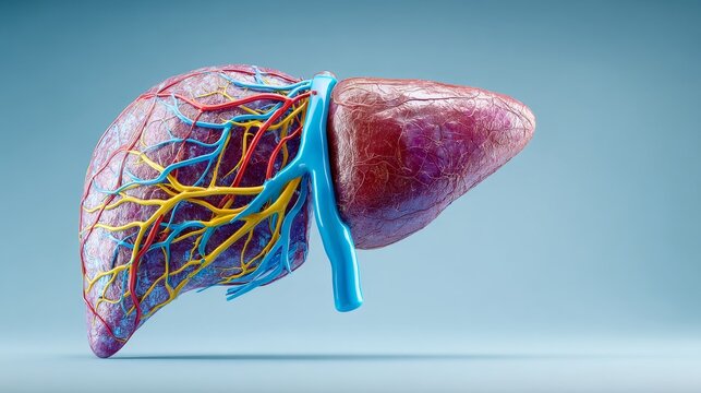 3D rendered liver anatomy structure including vascular system and biliary tract, medical illustration, organ-level precision