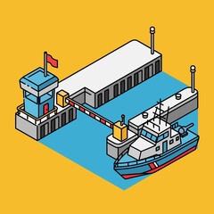 Naklejka premium Isometric Illustration of Industrial Harbor Facility with Tugboat.