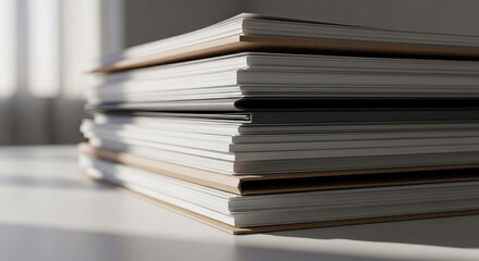Fototapeta premium Stack of documents or books on white table, light coming from window creating shadows, represents work, study, information, archives, knowledge, or planning