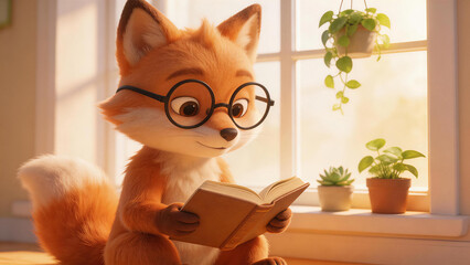 Obraz premium Adorable cartoon fox wearing glasses reads a book by a sunlit window with potted plants, symbolizing learning, literacy, and cozy indoor education.
