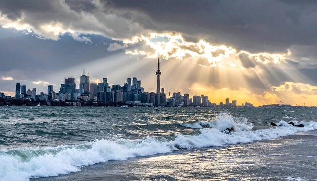 Skyline silhouettes on a cloudy day with sunrays over choppy water crashing against the shoreline