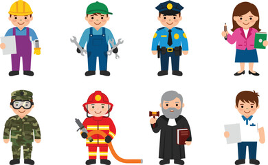 Cartoon professional workers set including engineer, mechanic, police officer, teacher, soldier, firefighter, judge and office worker characters representing different occupations and careers