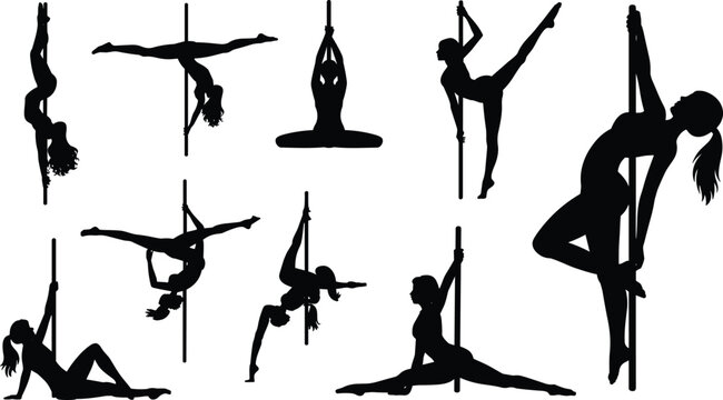 Pole dance silhouette collection, athletic female fitness poses, sensual performance art concept, black vector isolated illustration set