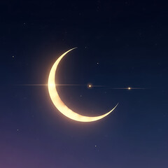 Fototapeta premium A fantasy vector illustration of a crescent moon and glowing stars in a dark blue starry night sky with ethereal clouds and space planet art